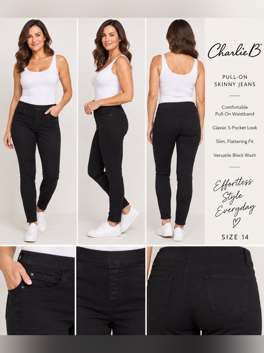 CHARLIE B Black Pull-On Skinny Jeans Woman’s Size 14 Slim Stretch Pants